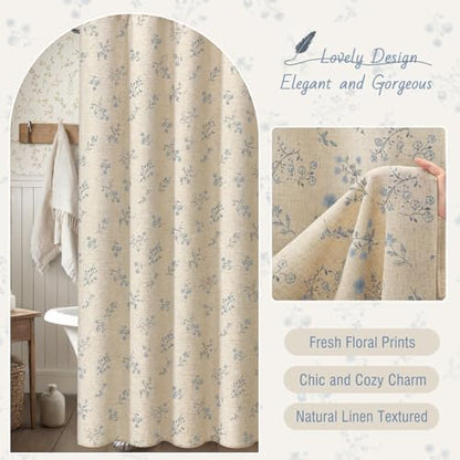 Blue Floral Farmhouse Vintage Linen Shower Curtain French Country 72Wx84H
