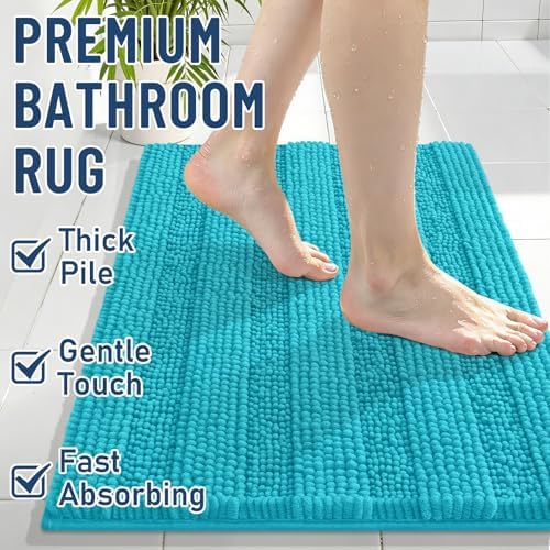 Grandaily Chenille Striped Bathroom Rugs 44x24, Extra Thick and Soft Absorbent Bath Mats, Rubber Backing, Plush Shaggy Shower Carpet, Machine Wash Dry, Bath Rug for Bathroom, Aqua Sky