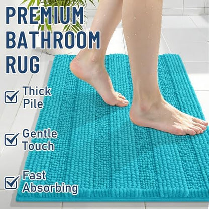 Grandaily Chenille Striped Bathroom Rugs 24x16, Extra Thick and Soft Absorbent Bath Mats, Rubber Backing, Plush Shaggy Shower Carpet, Machine Wash Dry, Bath Rug for Bathroom, Aqua Sky