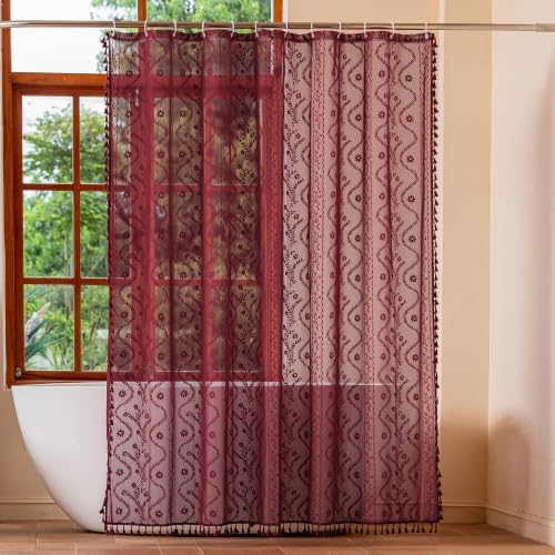 WAZZIO Burgundy Red Lace Shower Curtain for Bathroom 72" W x 72" L, Victorian Farmhouse Floral Pattern Tassel Fancy Shower Curtain Boho Washable Cloth Decorative Bath Curtains,1 Panel