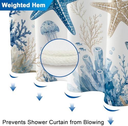 Ocean Style Navy Washable Shower Curtain with Weighted Bottom and 12 Hooks