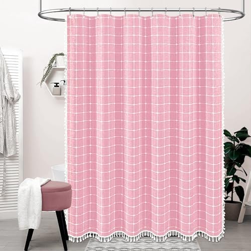 BTTN 54x78 Boho Farmhouse Linen Heavy Duty Fabric Shower Curtain Set, Pink
