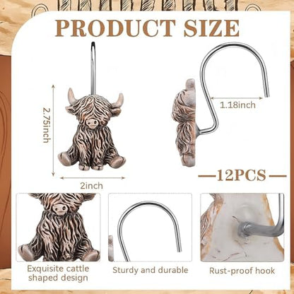 Roowest 12 Pcs Highland Cow Shower Curtain Hooks, Stainless Steel Hangers