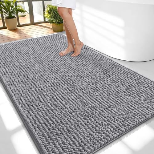 OLANLY Thick Chenille Large Bathroom Rugs 59x35, Absorbent Bath Mat, Grey