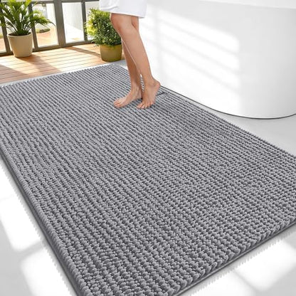 OLANLY Thick Chenille Large Bathroom Rugs 59x35, Absorbent Bath Mat, Grey