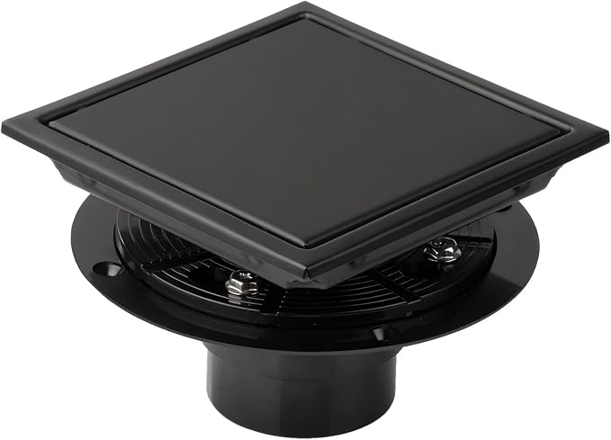 Square Shower Drain Black 6 inch with 2 in 1 Tile-Insert Cover | AISI 304 Stainless Steel Brushed Shower Floor Drain with Removable Hair Catcher and Flange Fits Bathroom Balcony Kitchen