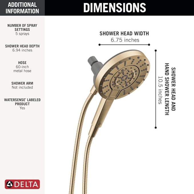 Delta 5-Setting In2ition 2-in-1 Dual Shower Head with Handheld High Pressure ProClean Spray, Brushed Gold Detachable Shower Head with Hose, 1.75 GPM Flow Rate, Champagne Bronze 75548CZ