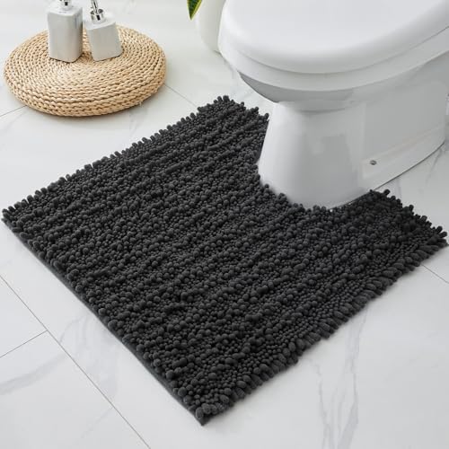 Disolla Toilet Rug 24x24 Inch - Dark Grey U-Shaped Bathroom Floor Mat, Soft Shaggy Plush Absorbent Chenille Contour Rug, Non-Slip Washable Pedestal Base Rug