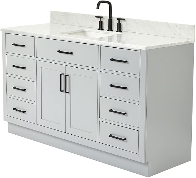 ARIEL Hepburn 60-inch Bathroom Vanity with Sink,Solid Wood, 0.75-inch Italian Carrara Marble Countertop, Single Rectangular Porcelain Sink, 2 Soft Closing Doors, 9 Dovetail Drawers, Grey