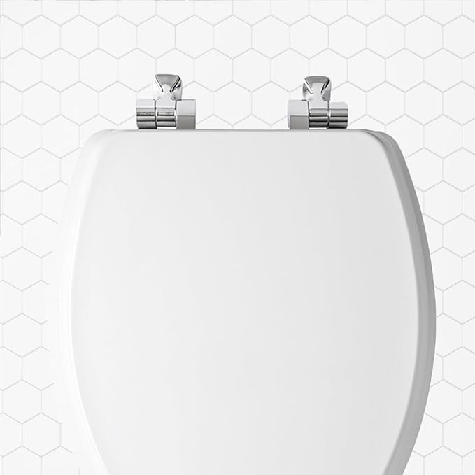 Mayfair Bennett Toilet Seat with Brushed Nickel Hinges, Slow Close Wood Seat, Secure Metal Hinges, Easy Install, Elongated, White