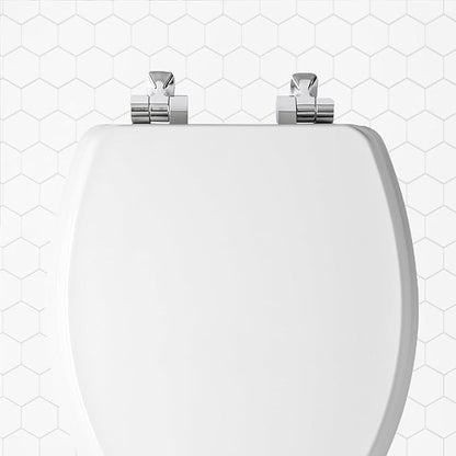 Mayfair Bennett Toilet Seat with Brushed Nickel Hinges, Slow Close Wood Seat, Secure Metal Hinges, Easy Install, Elongated, White