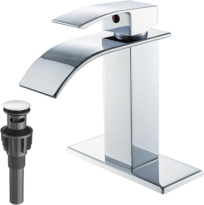 VOTON Chrome Bathroom Faucets Waterfall Bathroom Sink Faucet Modern Single Handle Bathroom Faucet for 1 or 3 Holes with Deck Plate and Pop-Up Drain, Rv Sink Camper Farmhouse Bathroom Faucet