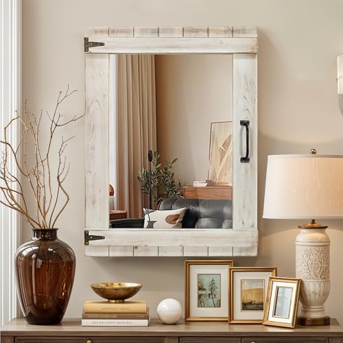 Oakrain Farmhouse Mirror, 24x32 Inch Distressed White Wood Frame with Black Metal Hinges, Rustic Wall Mirror for Bathroom, Living Room, Entryway, Bedroom