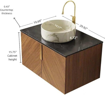 30" Floating Bathroom Vanity with Sink Combo, Modern Vanity with Vessel Sink, Wall-Mounted Bathroom Cabinet with Doors, Black Countertop and Ceramic Basin with Stone Pattern,Brown Oak