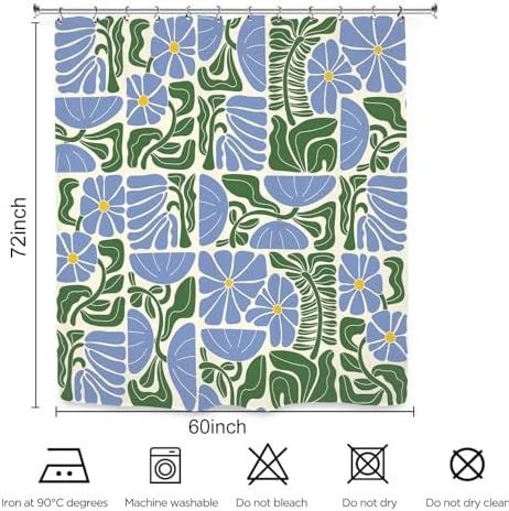 Matisse Flower Shower Curtain 60Wx72L Inch Abstract Retro Aesthetic Minimalist Vintage Art 70s Modern Violet Blue Green Bathroom Set Accessories Decor with 12 Pack Hooks