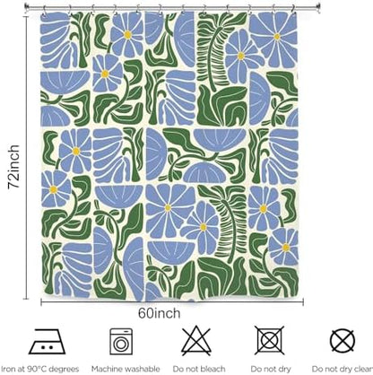 Matisse Flower Shower Curtain 60Wx72L Inch Abstract Retro Aesthetic Minimalist Vintage Art 70s Modern Violet Blue Green Bathroom Set Accessories Decor with 12 Pack Hooks