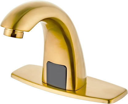 Luxice Brushed Gold Touchless Bathroom Sink Faucet - Automatic Motion Sensor Battery Opertated with Temperature Mixing Valve for Commercial Lavatory