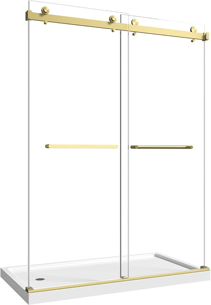 Frameless Shower Door,55-60" W x 76" H Sliding Glass Shower Door,5/16"(8mm) Thick Tempered Clear Glass with Explosion-Proof Film Nano Coating,Waterproof Strip,Brushed Gold