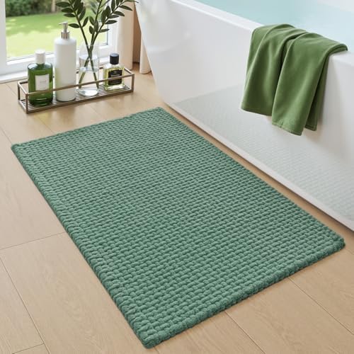 DEXI Chenille Bath Mat 24x16, Soft Absorbent Bathroom Rugs, Green