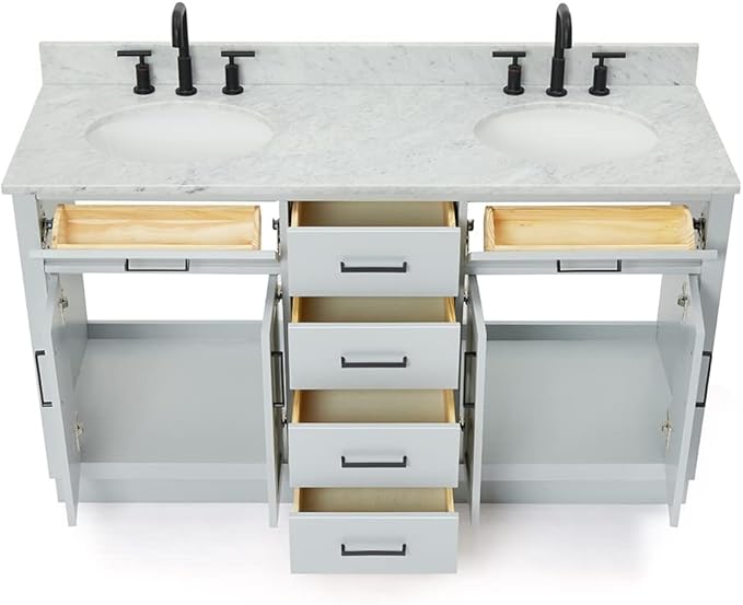 ARIEL Hepburn 60-inch Bathroom Vanity with Sink,Solid Wood, 0.75-inch Italian Carrara Marble Countertop & Backsplash, Double Oval Porcelain Sink, 4 Soft Closing Doors, 6 Dovetail Drawers, Grey