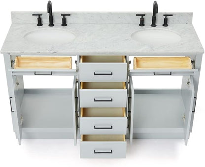 ARIEL Hepburn 60-inch Bathroom Vanity with Sink,Solid Wood, 0.75-inch Italian Carrara Marble Countertop & Backsplash, Double Oval Porcelain Sink, 4 Soft Closing Doors, 6 Dovetail Drawers, Grey