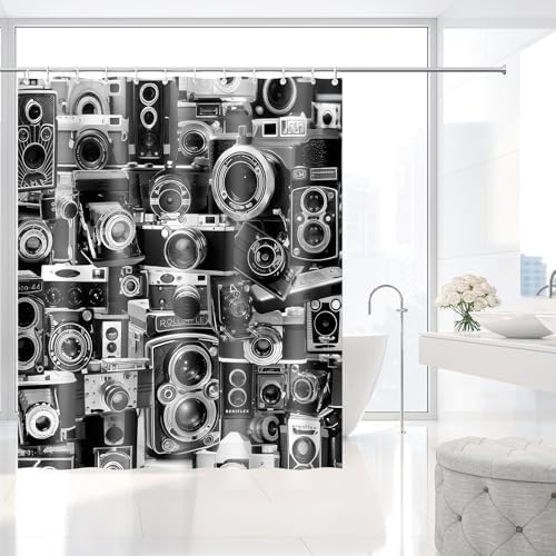 Vintage Old Camera Black White Grey Shower Curtain with Hooks 72 x 72 Inch