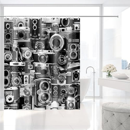 Vintage Old Camera Black White Grey Shower Curtain with Hooks 72 x 72 Inch