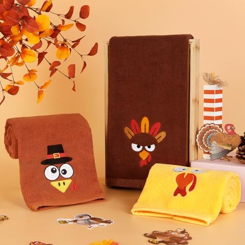 Quera 3 Pack Thanksgiving Turkey Hand Towels Embroidered Towel, Luxury Bathroom Kitchen Decor Set, Tea Towel Drying Baking Cooking Wash Cloth for Thanksgiving Fall Harvest-14×30 Inch