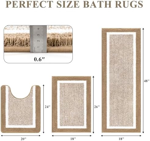 Pauwer Bathroom Rugs 3 Piece Set, Non Slip Washable Bath Mat, Khaki