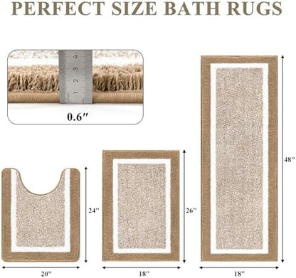 Pauwer Bathroom Rugs 3 Piece Set, Non Slip Washable Bath Mat, Khaki