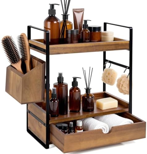 2-Tier Bathroom Counter Organizer, Acacia Wood Vanity Shelf with Drawer