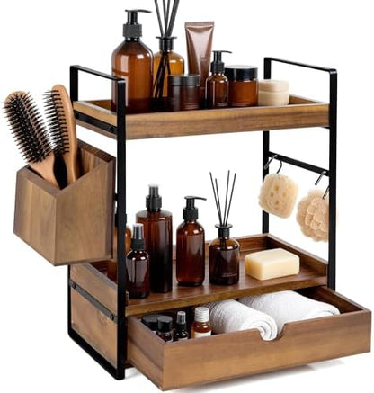 2-Tier Bathroom Counter Organizer, Acacia Wood Vanity Shelf with Drawer