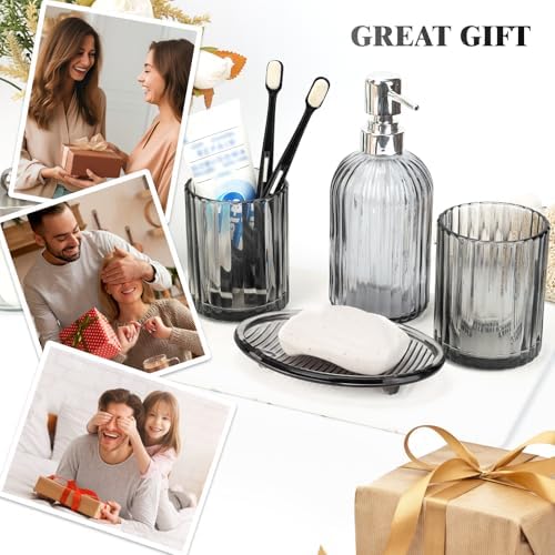 Bathroom Accessories Set, 4Pcs Black Grey Glass Bathroom Accessories Sets Complete Lotion Soap Dispenser, Toothbrush Holder, Mouthwash Cup, Soap Dish for Bathroom Decor, Countertop Organizer