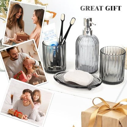 Bathroom Accessories Set, 4Pcs Black Grey Glass Bathroom Accessories Sets Complete Lotion Soap Dispenser, Toothbrush Holder, Mouthwash Cup, Soap Dish for Bathroom Decor, Countertop Organizer