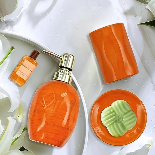 Burnt Orange Bathroom Accessories Set, 3PC Ceramic Bathroom Sets Complete, Toothbrush Holders, Soap Dispenser, Soap Dish, Vibrant Bathroom Decor, Bathroom Organizer for Countertop