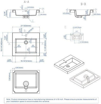 Dowell 21" Bathroom Sink, Single Bowl Resin Basin, Rectangular Drop In with Overflow (White 000 2118BP)