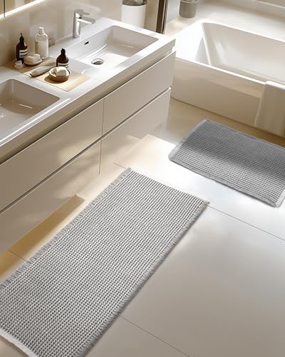 Furicher Large Waffle Bath Mat Set, Non Slip Bathroom Mat Ultra Absorbent Bath Mats for Decor, Extra Soft Floor Bathroom Rugs Sets 2 Piece, Washable Bath Rugs Set, Grey & White, 20"×47" and 16"×24"