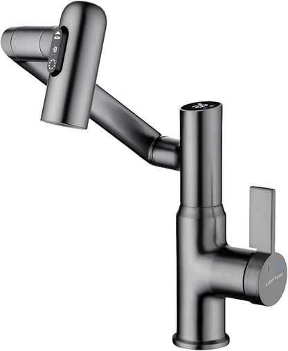Lefton Rotatable Bathroom Faucet with Temperature Display in Fahrenheit (Batteries-Free), 3 Water Modes, Dark Grey, BF2204-2
