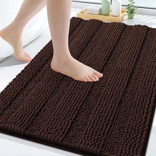 Grandaily Chenille Striped Bathroom Rugs 30x20, Extra Thick and Soft Absorbent Bath Mats, Rubber Backing, Plush Shaggy Shower Carpet, Machine Wash Dry, Bath Rug for Bathroom, Dark Brown