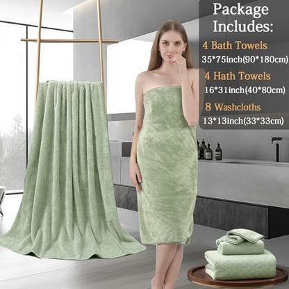 8-Piece Green Bath Towels Set,2 Oversized Large Bath Towels Sheet,2 Hand Towels and 4 Washcloths - 600 GSM Soft Luxury Towel Set,Highly Absorbent Quick Dry Towel Collection for Bathroom,Hotel and Spa