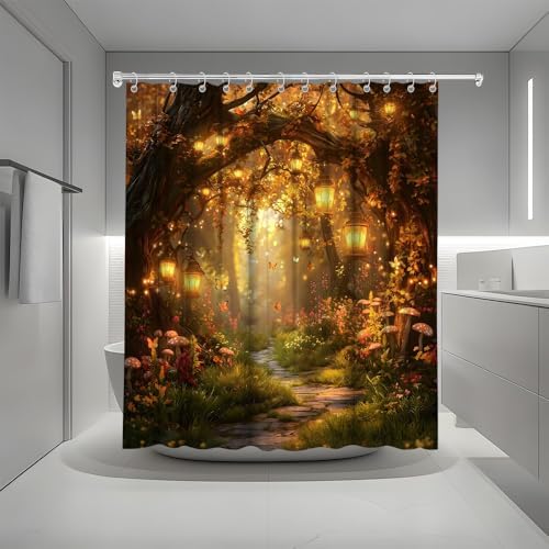 Fantasy Forest Path Shower Curtain Fall Fairy Magical Enchanted Misty Jungle Mushroom Floral Tree Butterfly Lantern Wonderland Bath Curtain Fabric Bathroom Accessories Decor with Hooks 70W x80L