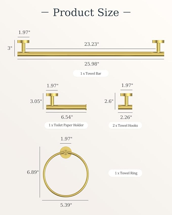 Brushed Gold Bathroom Accessories Set SUS304 Stainless Steel 5 Pieces | Evolvegoods Bathroom Hardware Set, 26 Inch Bath Towel Bar Set, 2 Towel Hooks, Toilet Paper Holder, Towel Racks for Bathroom