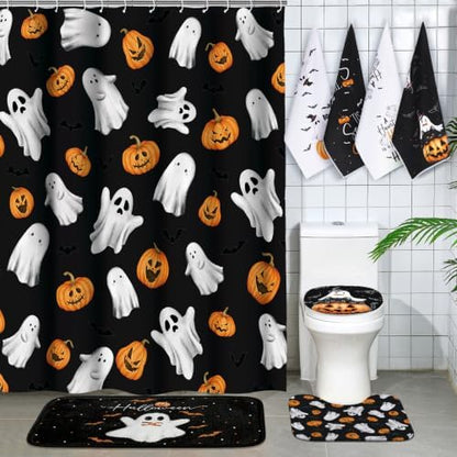 Honoson 8 Pcs Halloween Shower Curtain Set Ghost Pumpkin Bathroom Decor