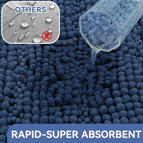 Bcoimo Bath Rug Mat,Chenille Extra Soft Navy Long Bathroom Runner Floor Rug