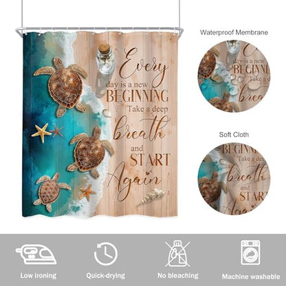 Ocean Beach Turtle Blue Brown Sand Beachy Sea Bathroom Shower Curtain Set