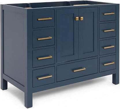 ARIEL Cambridge 42-inch Bathroom Vanity Base Cabinet,Solid Wood, 2 Soft Closing Doors, 9 Dovetail Drawers, Midnight Blue