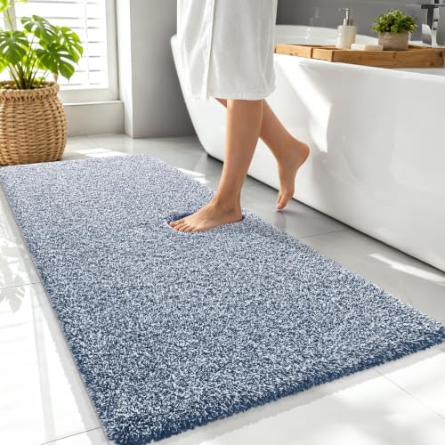 OLANLY Microfiber Bathroom Rugs 47x24, Quick Dry Bath Mat, Navy and White