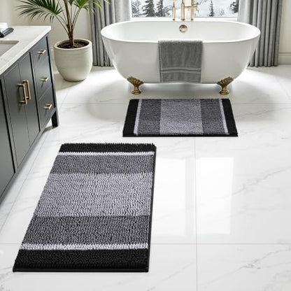 HOMEIDEAS Black Bathroom Rugs Set of 2, Striped Chenille, 20"x32"+17"x24"