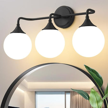 Black Bathroom Light Fixtures Over Mirror Vanity 3-Light | Mid Century Modern Matte Black Wall Sconce with Milky White Glass Ball Shades for for Bathroom Dressing Table Bedroom