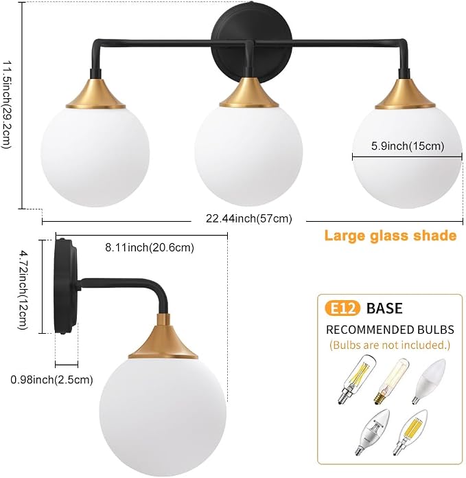 Black Gold Bathroom Light Fixtures Over Mirror Vanity 3-Light | Mid Century Modern Matte Black Gold Wall Sconce with Milky White Glass Ball Shades for for Bathroom Dressing Table Bedroom